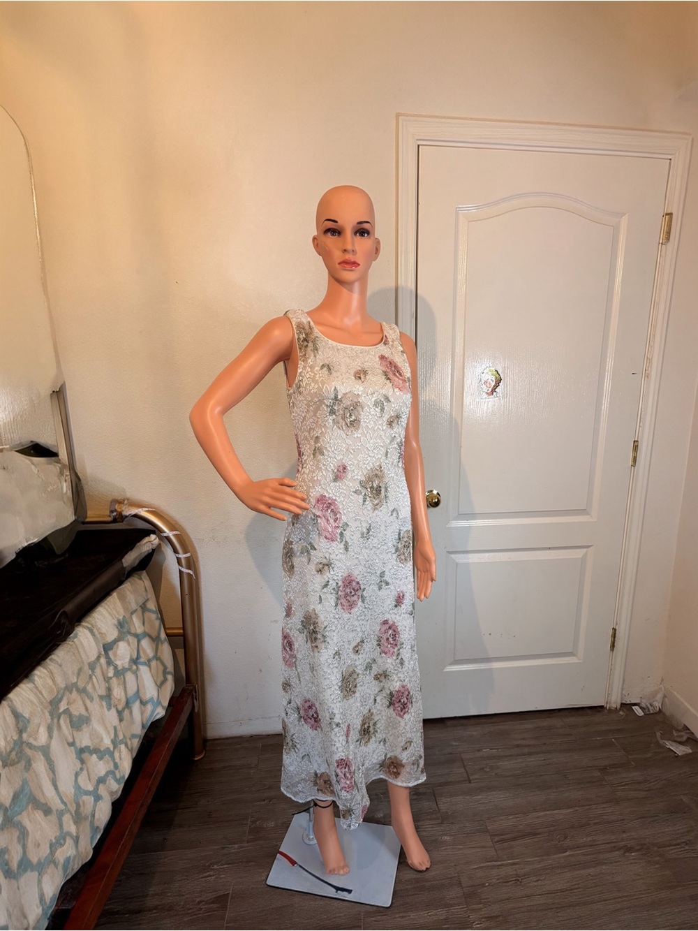 Floral Lace Slip Dress โ White with Pink Roses